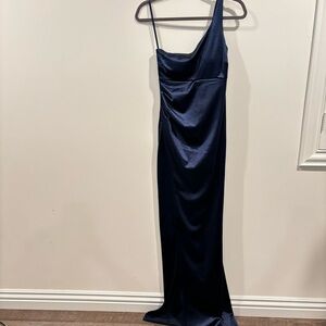 Windsor. Size S. Malinda One-Shoulder Satin Formal Dress. Navy blue.